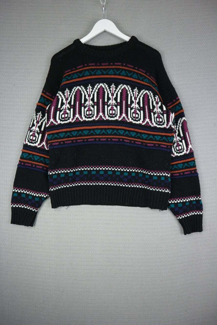 Vintage 90s Grunge Aztec Geometric Fair Isle Knit Crewneck Sweater Black Medium